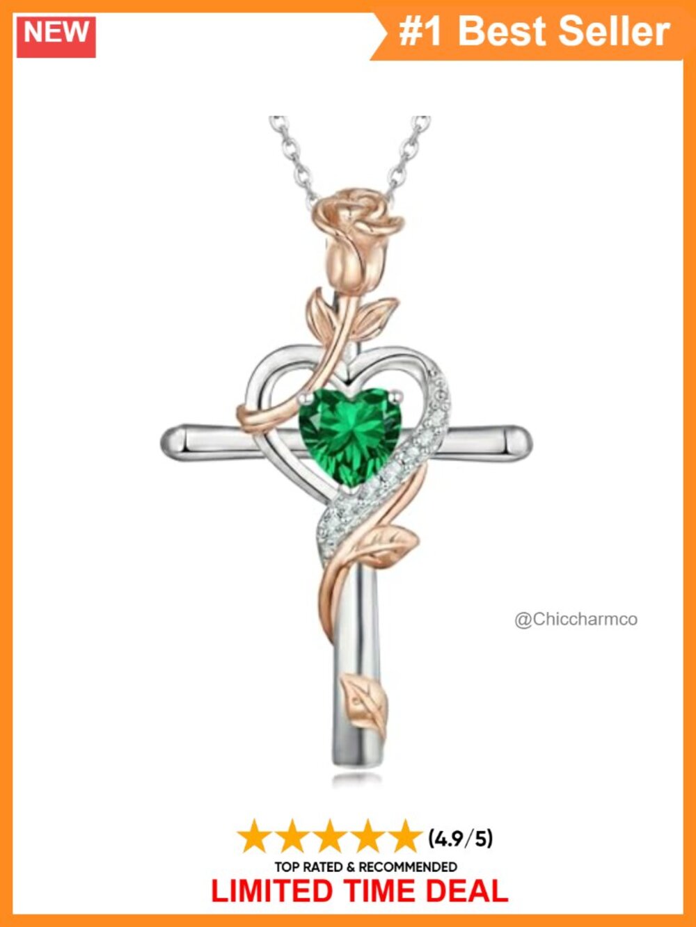 Rose Gold Cross Necklace Heart Cut Emerald Birthstone Pendant Jewelry